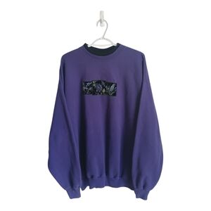 Vintage Top Stitch Double Collar Felt Purple Floral  Crewneck Sweatshirt Grandma